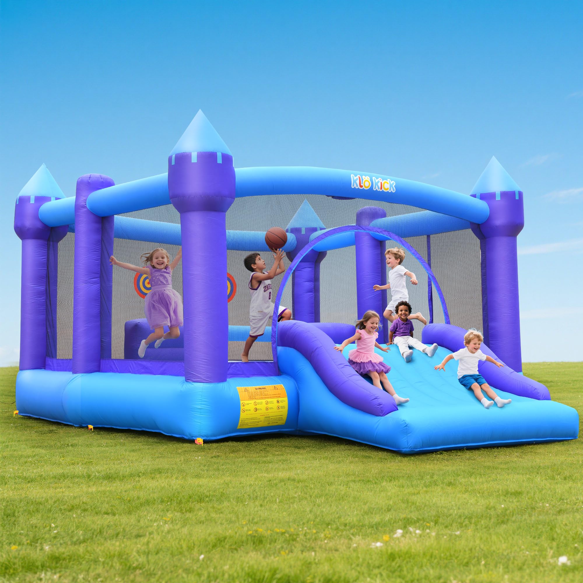 Photo 1 of Klo Kick Inflatable Bounce House for Big Kids, 15' x 12' Large Outdoor Bouncy Castle with Blower, Wider Slide & Basketball Hoop, Holds 6 Kids Great for Birthday or Party, 600lbs (Purple)