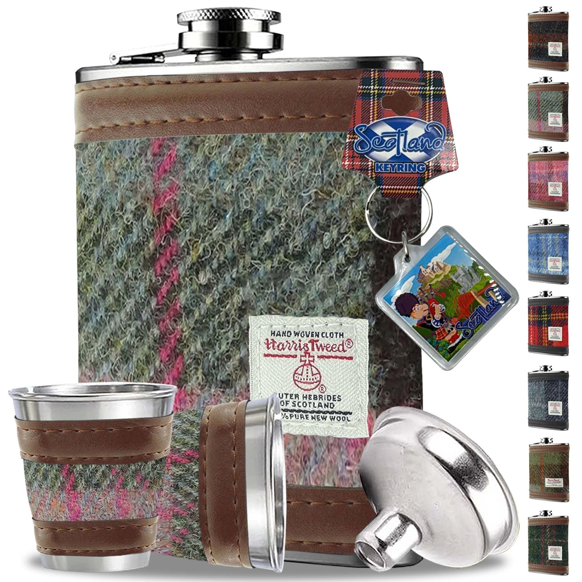 6oz Harris Tweed Hip Flask Winter Gift Set - Shot Glasses, Pour Funnel, Keyring – Stainless Steel Tartan Liquor flasks for Men - Leak Proof lid (Green & Rose Pink)