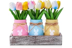 KIVIVO Bunny Mason Jar Spring Easter Table Decor, Centerpieces for Tables with Tulips Artificial Flowers, Farmhouse Wood Tray, Easter Table Centerpiece for Home Dining Room Table Decorations Indoor