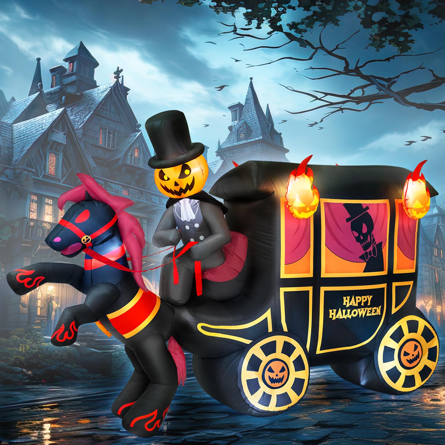 Photo 1 of 10FT Long Halloween Inflatables Built-in LED Light Pumpkin-Headed Horse Carriage, Giant Halloween Decorations Outdoor Blow Up Yard Decorations Spooky Ghost Carriage Halloween Blowups for Lawn Party