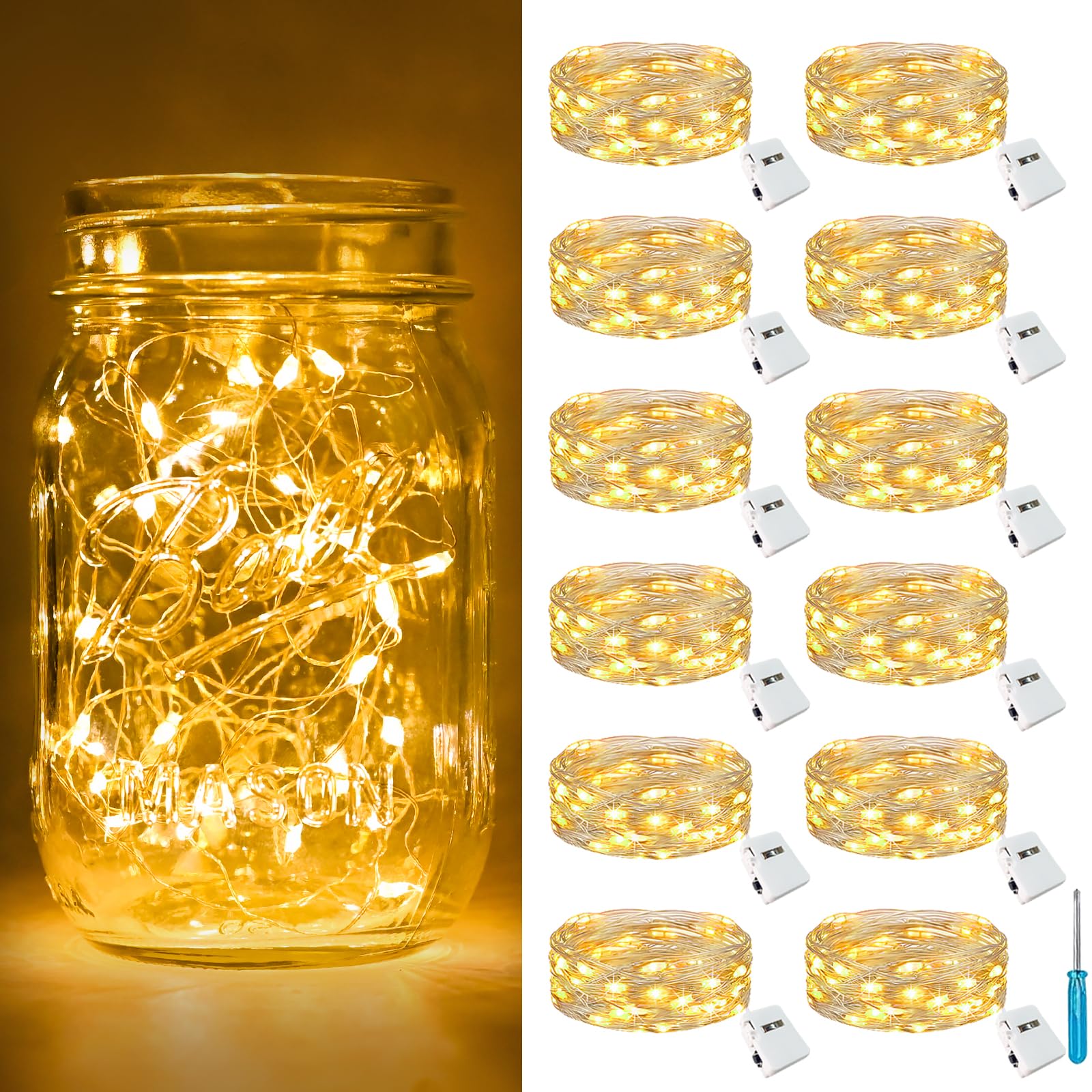 Photo 1 of btfarm 12 Pack Fairy Lights Battery Operated [3 Modes], 7ft 20 Led Twinkle Lights String Lights Waterproof Bulk Small Mini Silver Wire for Mason Jars Vases Wedding Table Centerpiece, Warm White