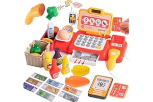 KID E WAN KidEwan Cash Register Toy for Kids, Pretend Play Calculator Cash Register with Scanner/Microphone/Food/Play Money/Credit Card, Learning Educational Shopping Gift for Boys Girls Aged 3+