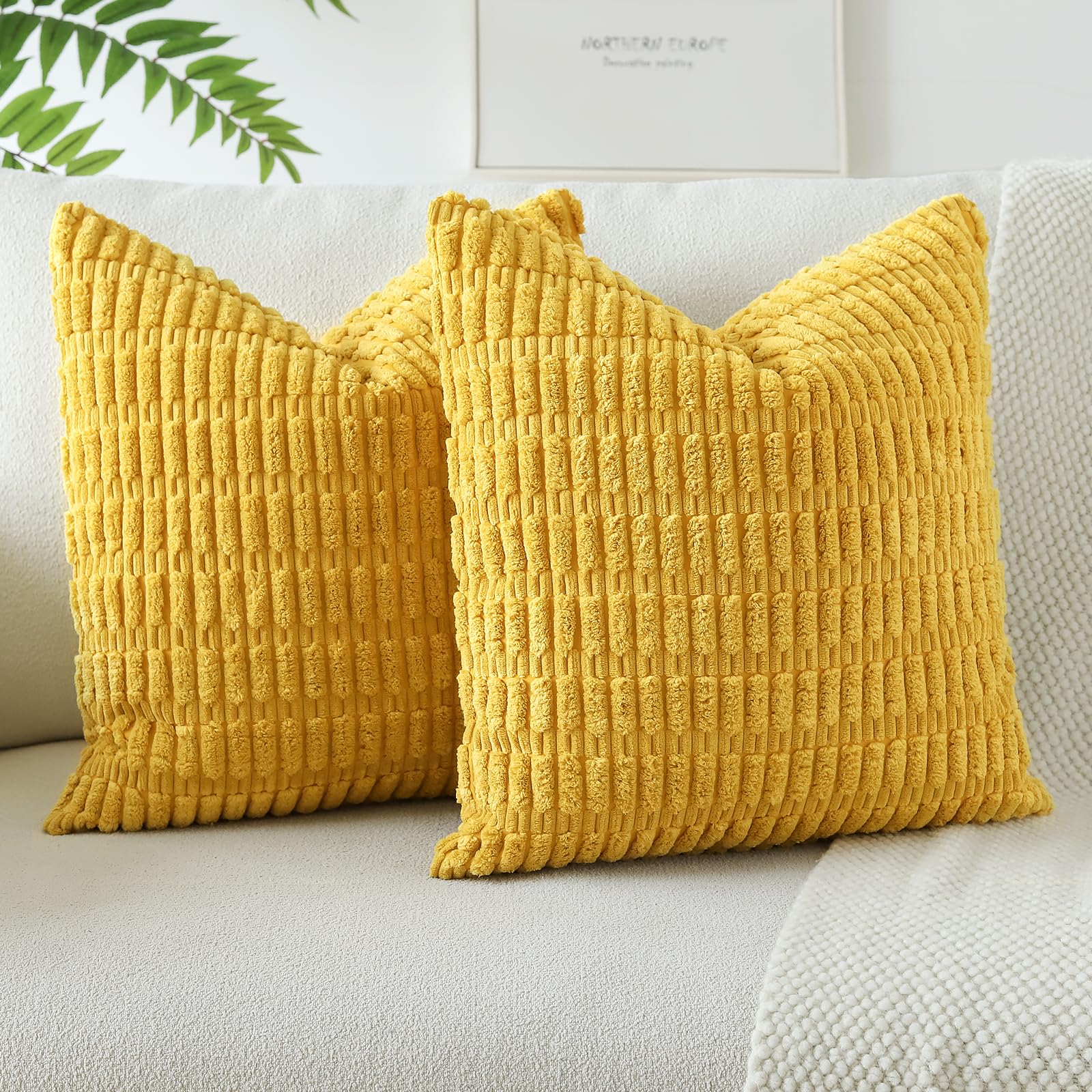 JOTOM Corduroy Soft Striped Decorative Throw Pillow Covers 24x24 Inch Square Cushion Covers 60x60 cm Boho Home Decor Pillowcases Cushion Case for Sofa Couch Living Room Bed Set of 2 (Mustard Yellow) โ image 1