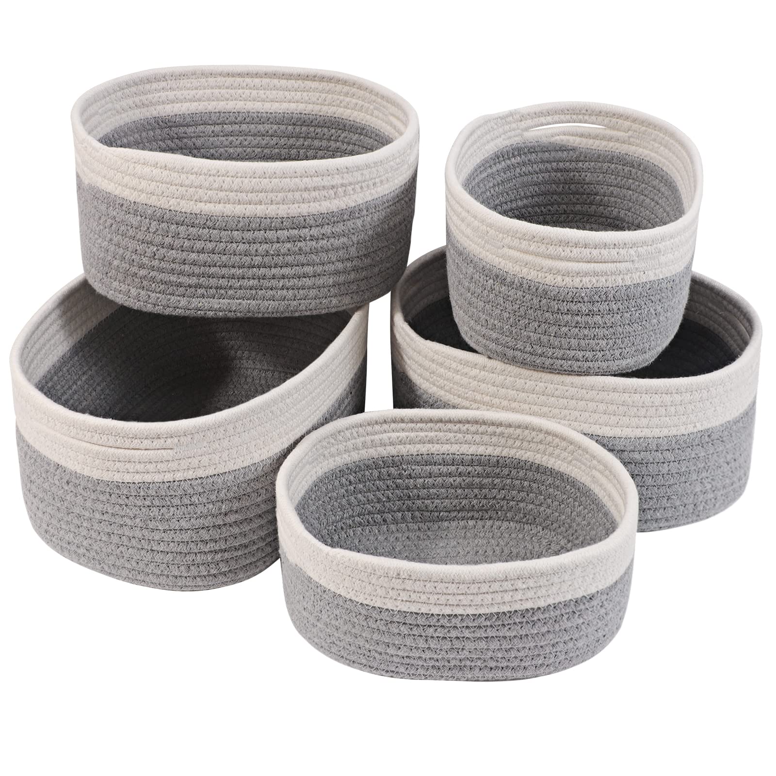 Otoomenz Woven Cotton Rope Storage Basket, 5PCS Shelf Baskets with Handles,Toy Basket Storage Baby Storage Organiser Bathroom Storage Baskets for Make up Cupboard Drawer Closet (Grey))