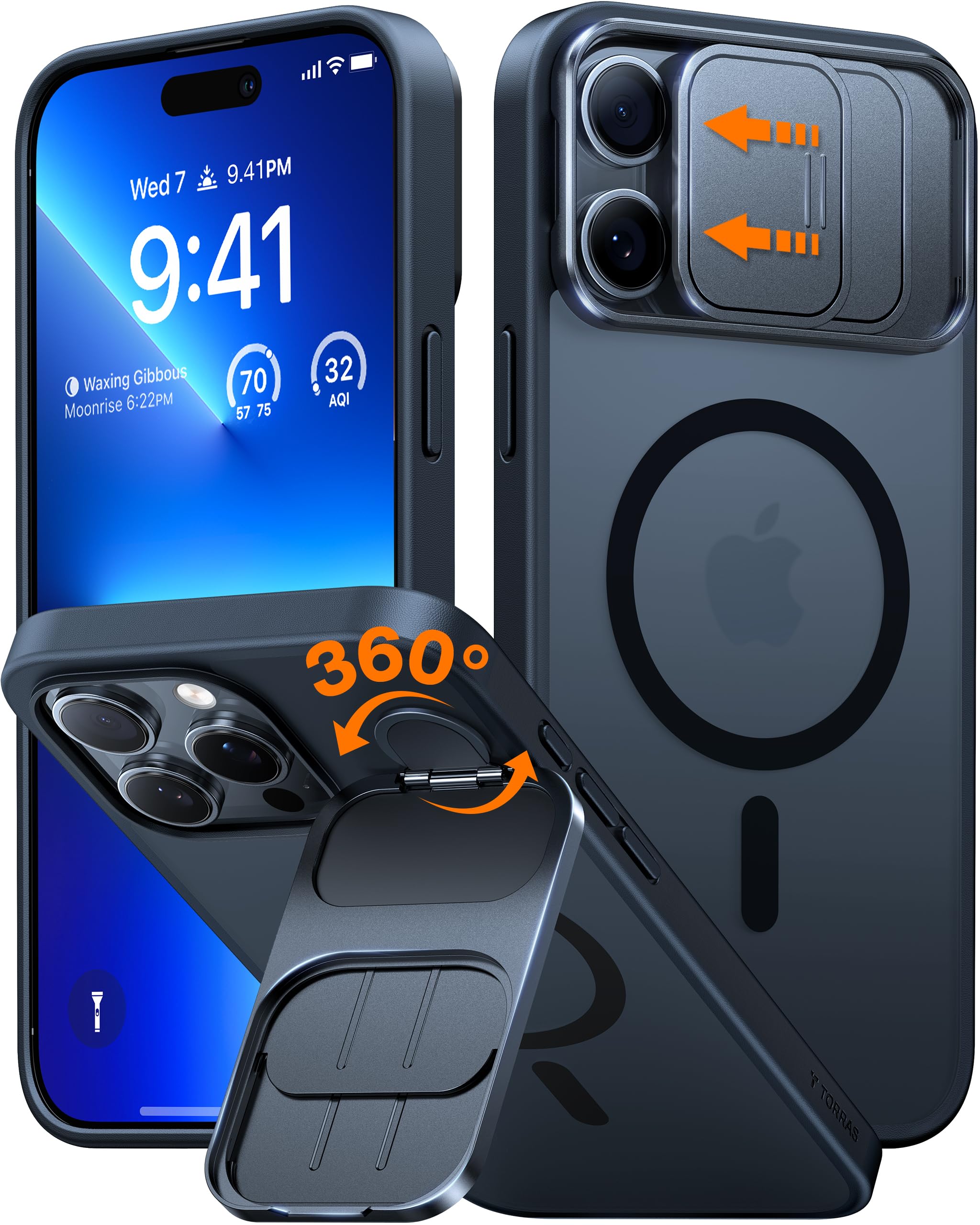 TORRAS for iPhone 16 Pro Case with Slide Camera Cover & Rotatable Kickstand, Magnetic Shockproof, Military Grade Drop Protection, Fit for MagSafe, Anti-Scratch & Anti-Fingerprint, Translucent Black