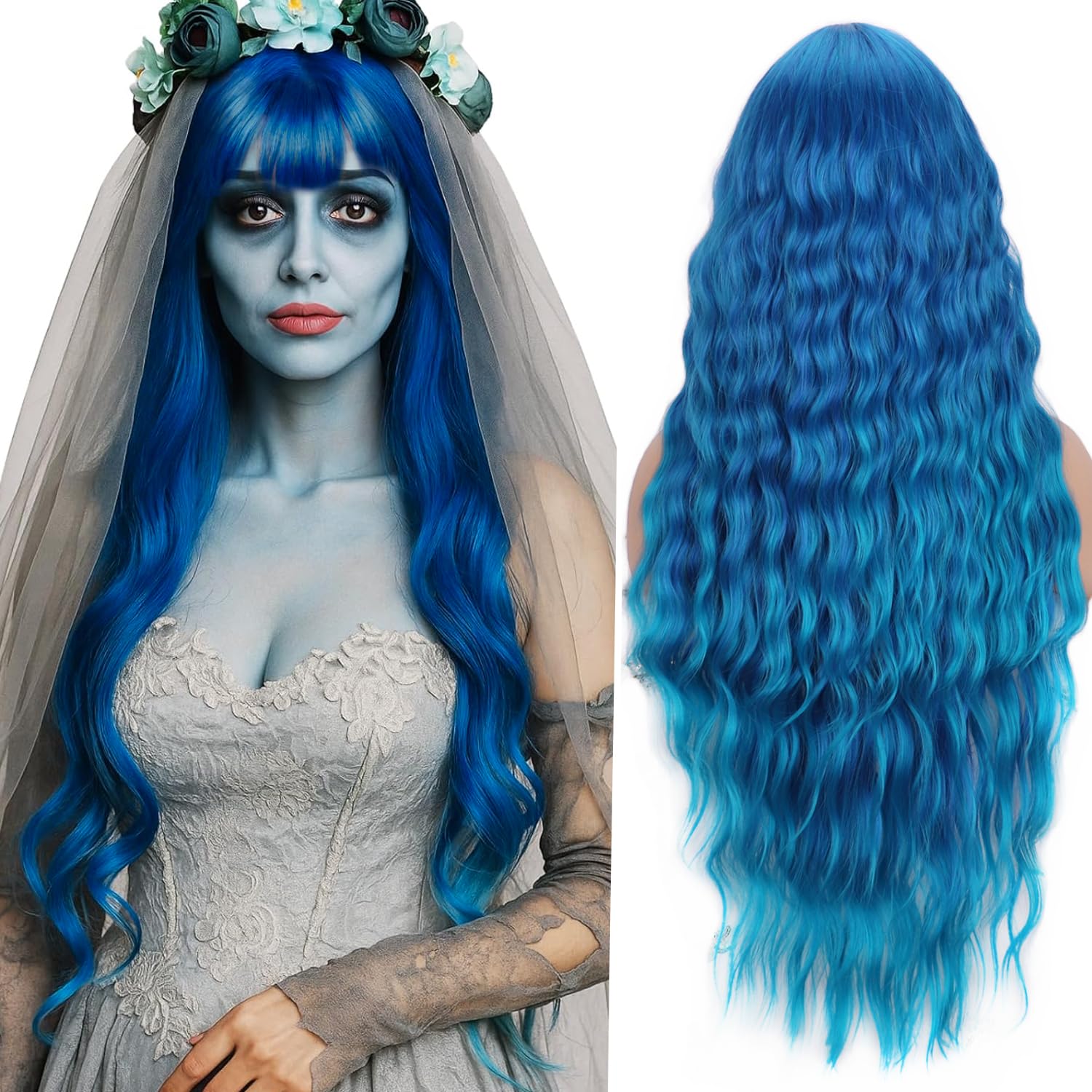 YEESHEDO Long BLue Wigs for Women Natural Curly Wavy Synthetic Hair Wigs with Fringe Party Costume Halloween Wig (30 inch, Mixed Blue)
