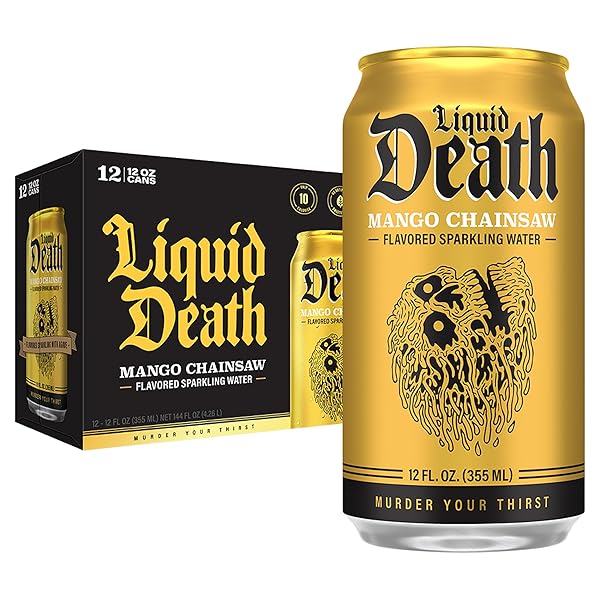 LIQUID DEATH SODA-FLAVORED SPARKLING WATER – MANGO CHAINSAW (MANGO ORANGE), LESS SUGAR*, HUGE FLAVOR, NO CAFFEINE, NO ARTIFICIAL SWEETENERS, 12 FL OZ (PACK OF 12)