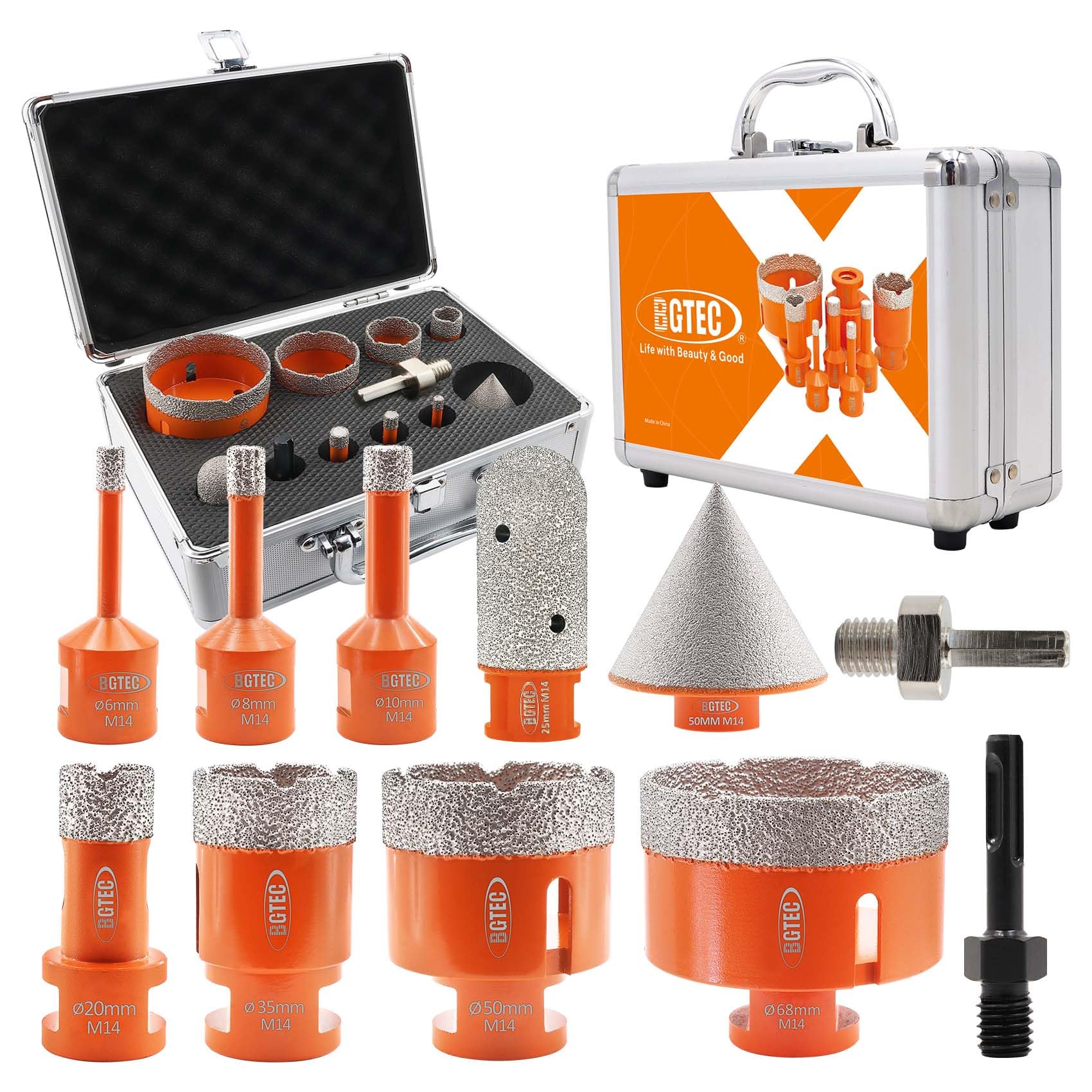 BGTEC Diamond Core Drill Bits Set-11pcs(6/8/10/20/35/50/68mm Hole Saw+25mm Finger Bit+50mm Chamfer Bit+Hex/SDS Adapter) for Porcelain Ceramic Tile Granite Marble Masonry Granite Stone,M14 Thread