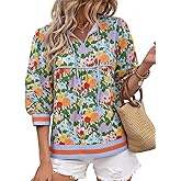 Cicy Bell Womens Floral Print Babydoll Blouse V Neck 3/4 Sleeve Peplum Tops Casual Loose Fit Boho Flowy Shirts