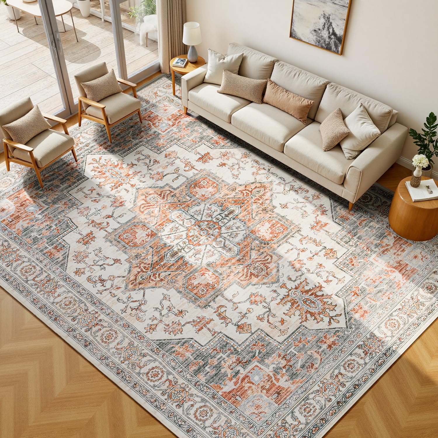 Lessymo 9×12 Area Rugs Washable for Living Room, Large Soft Indoor Rug Non-Slip for Bedroom Kitchen Dining Room Dorm Nursery, Vintage Boho Carpet Stain Resistant for Office Home Decor, Orange/White Image