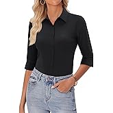 siliteelon Button Down Shirts for Women 3/4 Sleeve Stretch Fitted Dress Shirt Wrinkle Free Collared Business Work Tops