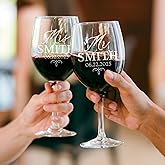Set of 2 Personalized Wine Glasses, Custom Engraved Monogram Glassware for Wedding Toasting, Anniversary, Couples, Housewarming Gifts, Laser Etched Red or White Wine Glasses
