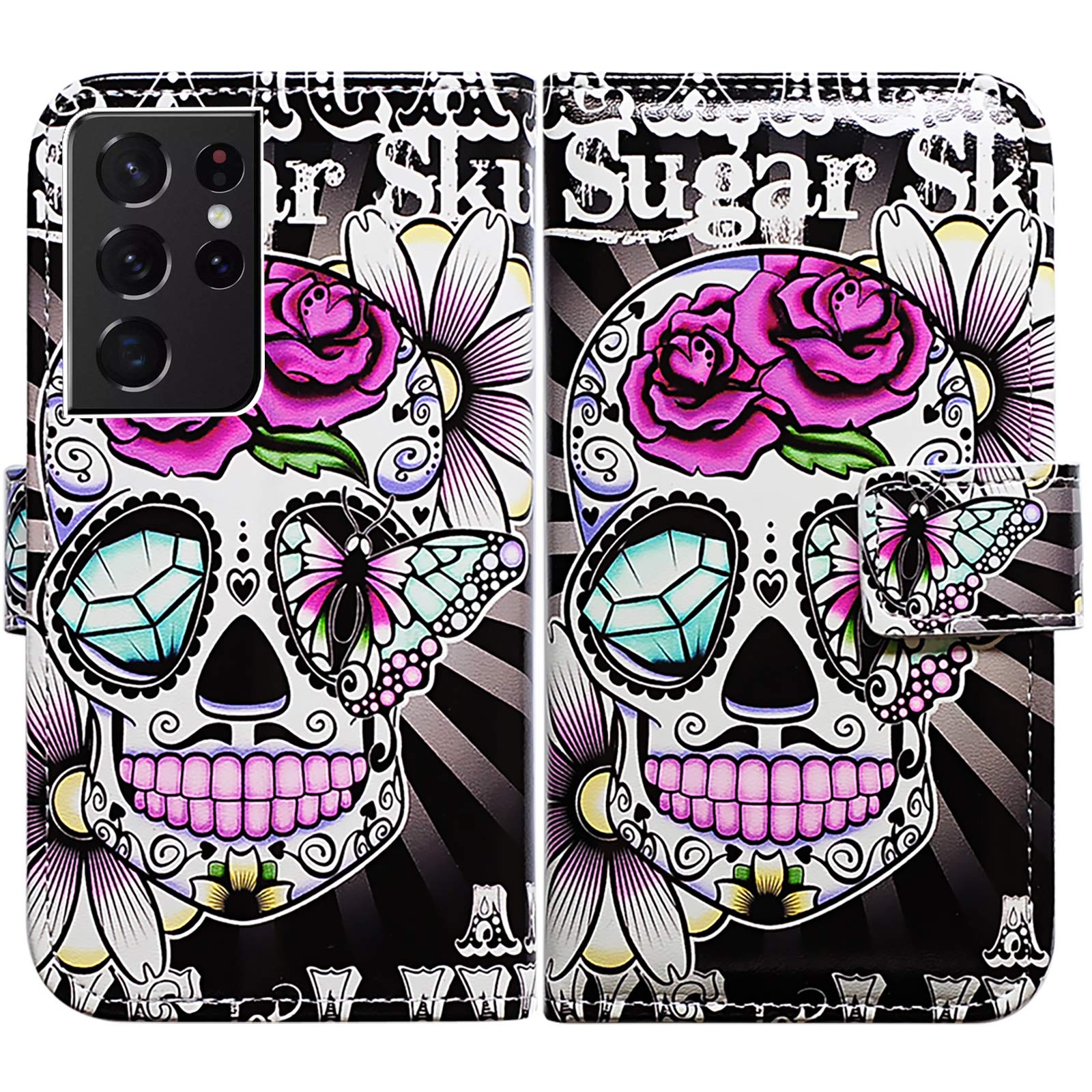 Bcov Galaxy S21 Ultra Case, Purple Flower Sugar Skull Leather Flip Phone Case Wallet Cover with Card Slot Holder Kickstand For Samsung Galaxy S21 Ultra