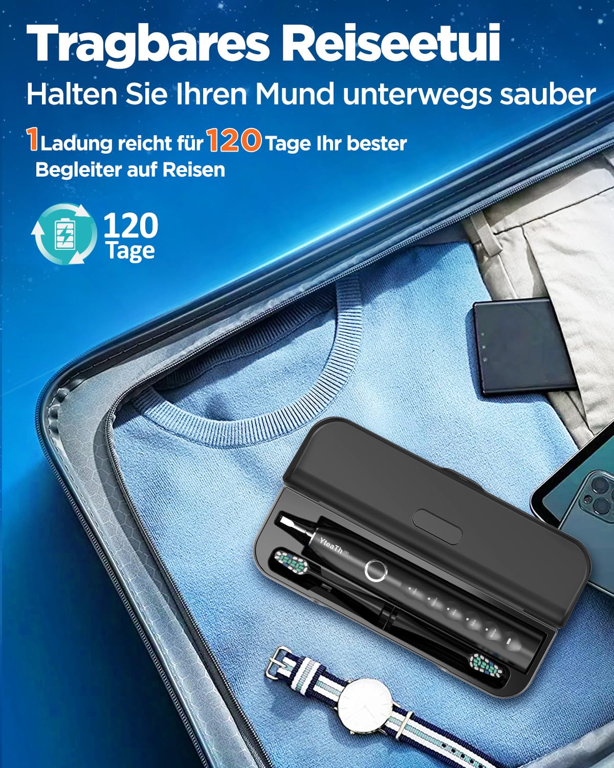 YTEATH PRO Elektrische Zahnbürste, Schallzahnbürste für Erwachsene und Kinder Electric Toothbrush mit 8 Bürstenköpfen und Timer, 5 Putzmodi, Reiseetui, 120 Tagen Akkulaufzeit, 50,000vpm, Black 7