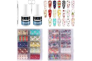 Kalolary 30ML Nail Foil Glue Gel with 20Pcs Foil Transfer Stickers Set, Christmas Santa Tree Snowflake Deer Xmas Transfer Stickers DIY Decoration for Salon or Home Use