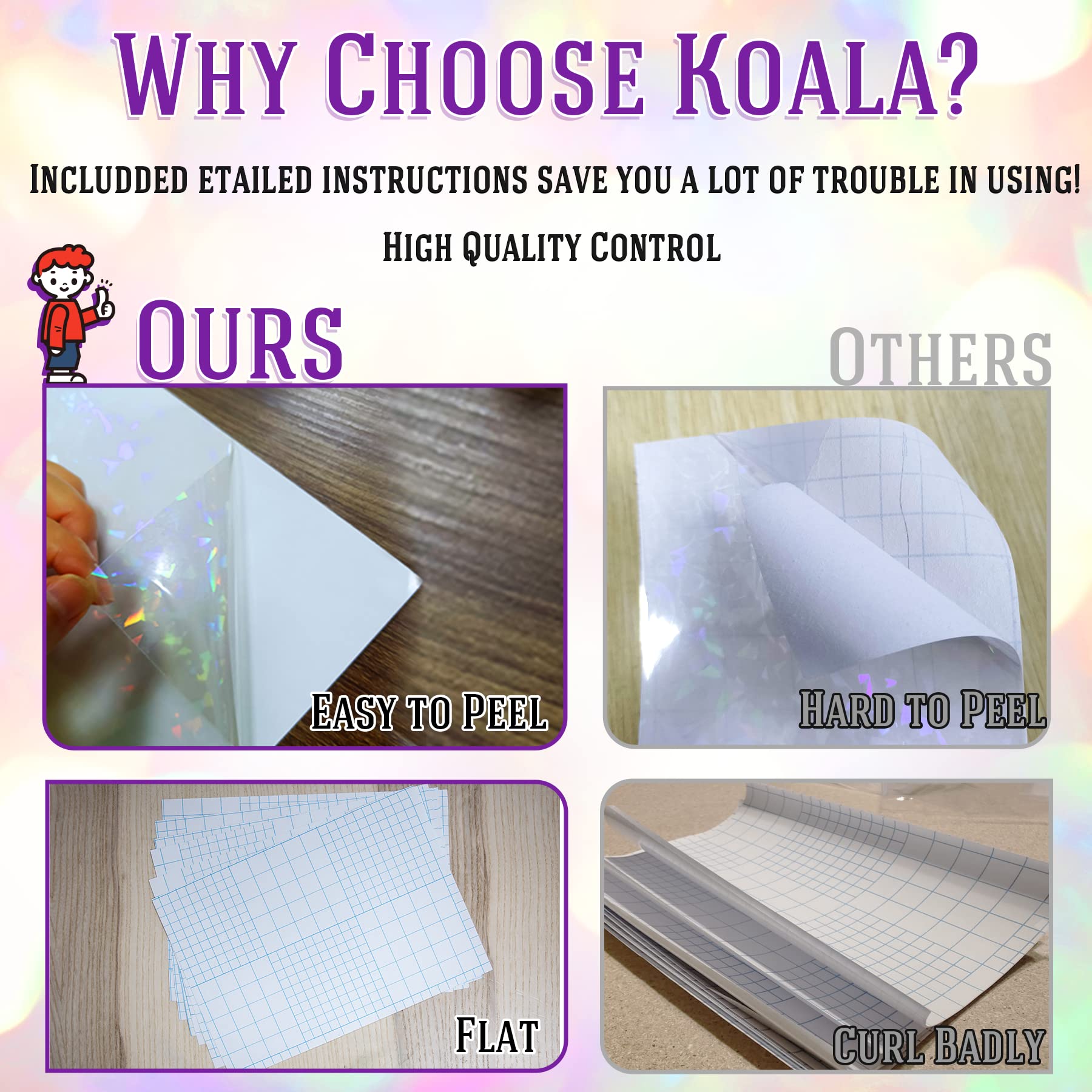 Koala Holographic Laminate Sheets A4 - Clear Self-Adhesive Sticker Paper, 25 Sheets Transparent Waterproof Overlay for Stickers - Gem, Dot, Rainbow, Star Patterns