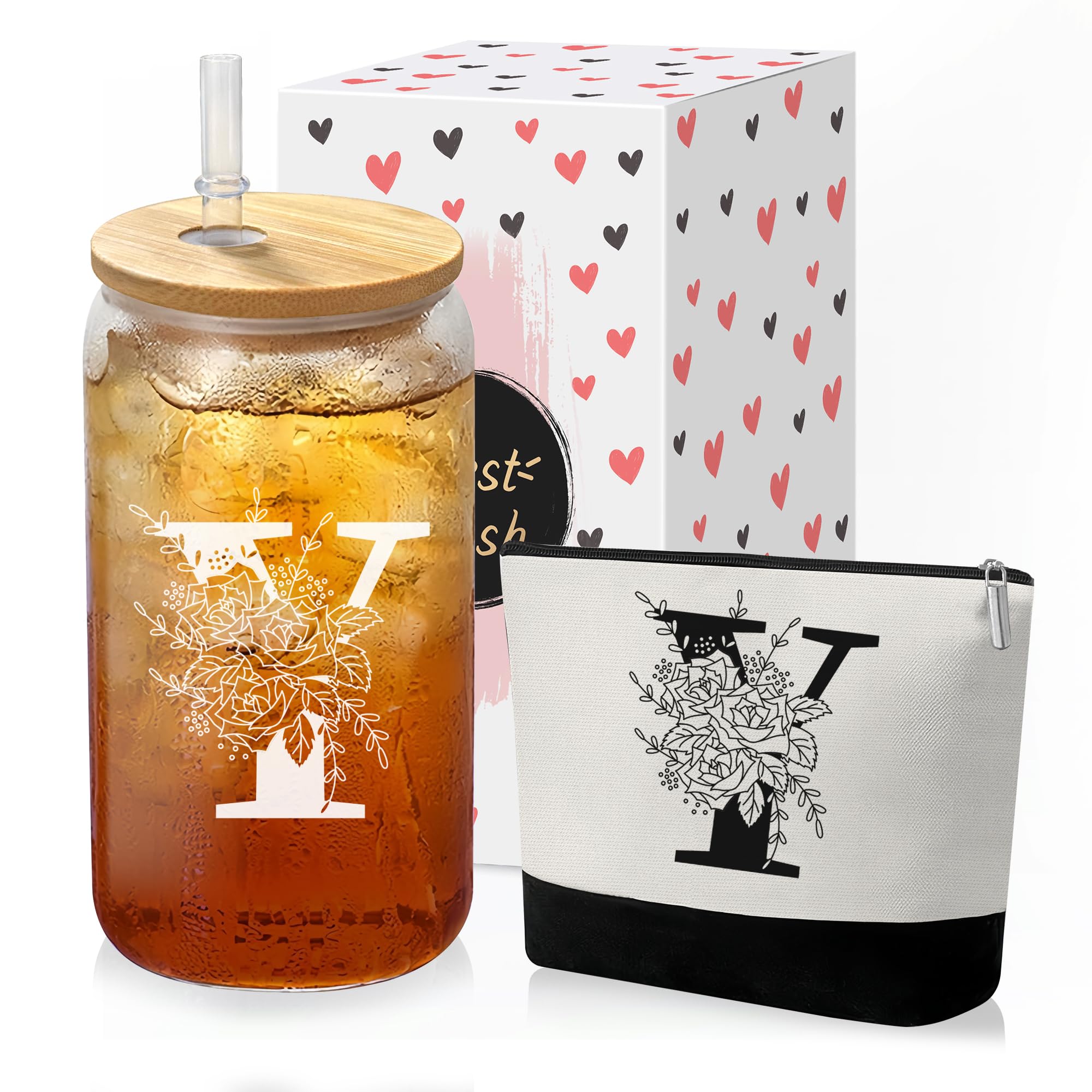 Photo 1 of Custom Glass Cup & Makeup Bag Set - Personalized Gifts for Women, Initial 16 oz Glass Tumbler with Lid & Straw, Monogram Makeup Bag - Birthday Gifts For Women, Mother's Day Presents(Y)