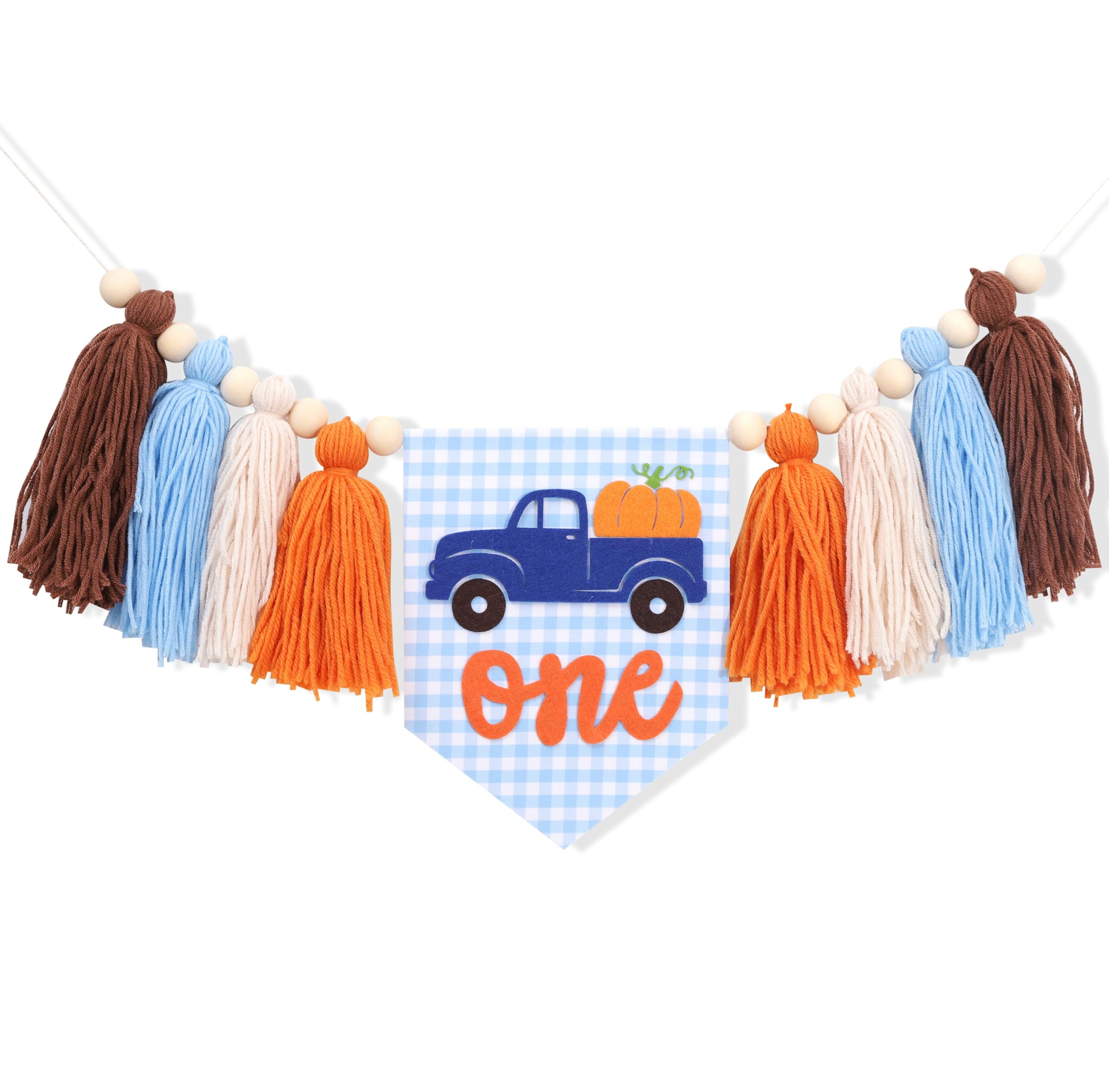 Photo 1 of Our Little Pumpkin 1st Birthday High Chair Banner - Blue Truck Theme, Fall Decor