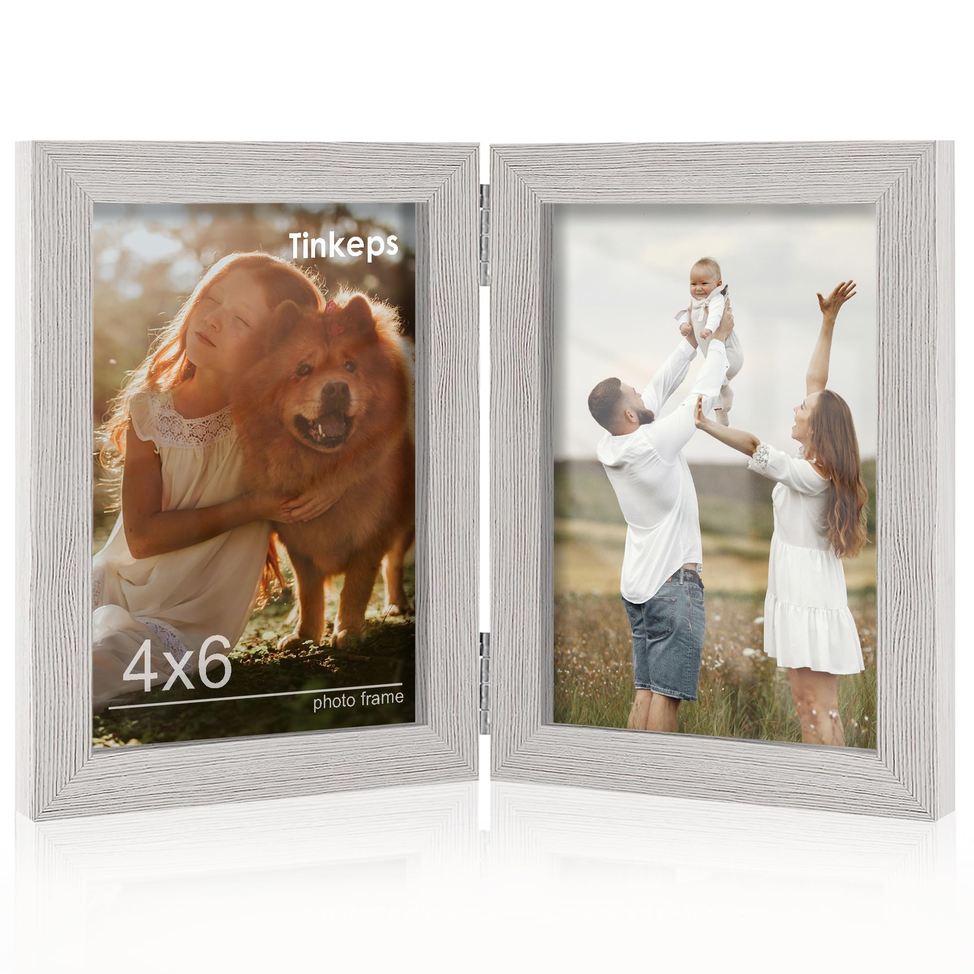 Tinkeps Double Photo Frame 6x4, Hinged Folding Picture Frames 4x6 for Tabletop Display, Grey