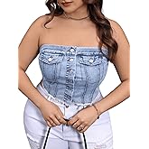Floerns Women's Plus Size Button Front Raw Hem Strapless Bandeau Crop Denim Tube Top