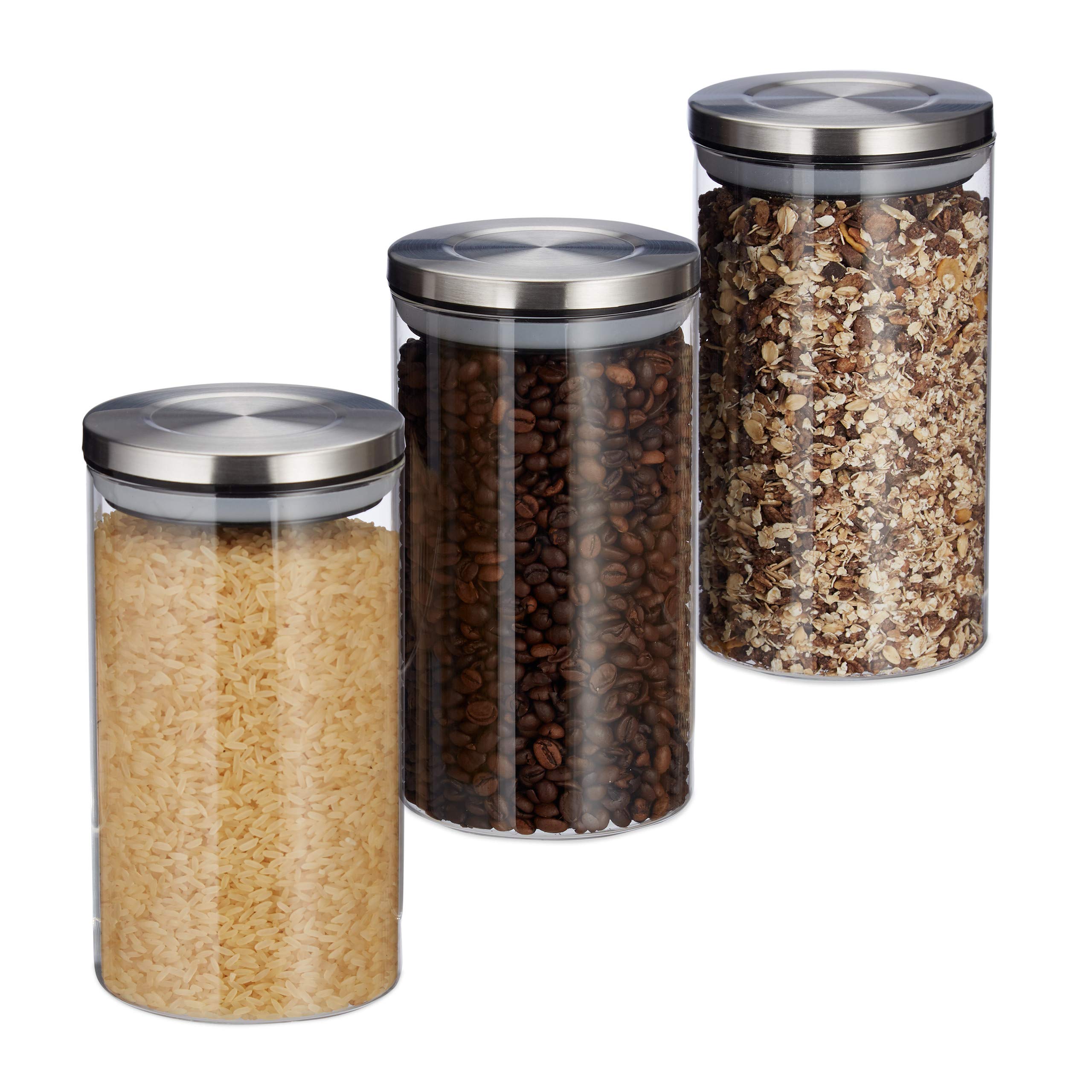 Relaxdays 10027998 Glass Set of 3, 1 L, Airtight, Stainless Steel Lids, for Coffee, Tea, Sugar, Kitchen Jars, Transparent