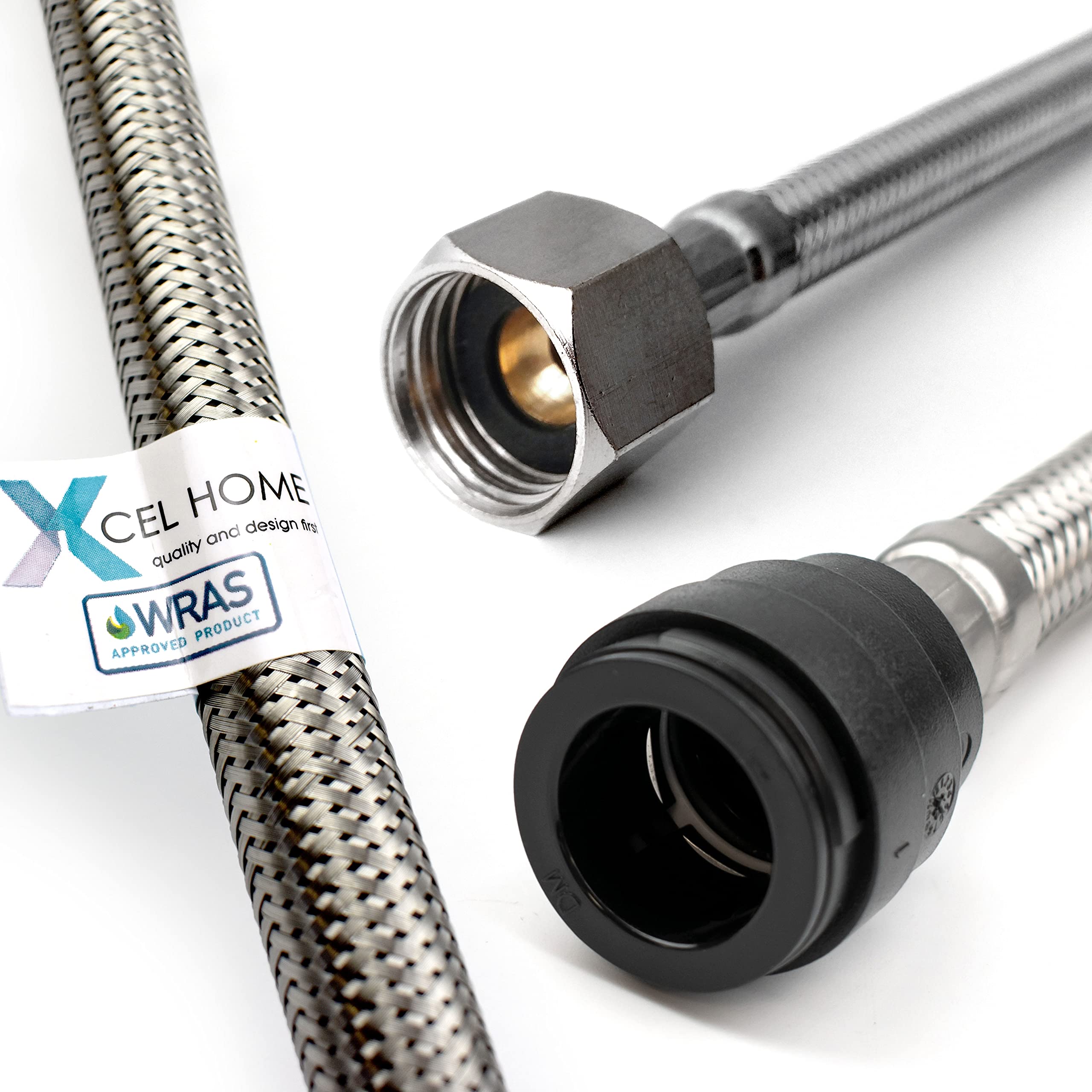 Xcel Home™ WRAS Approved PushFit Flexible Connector 22mm x 1/2" BSP (300mm Long) | 2 Lengths Available | Tap Connectors for Kitchen Sink/Bathroom Basin Stainless Steel Braided Flexi Tail | 1 Pipe