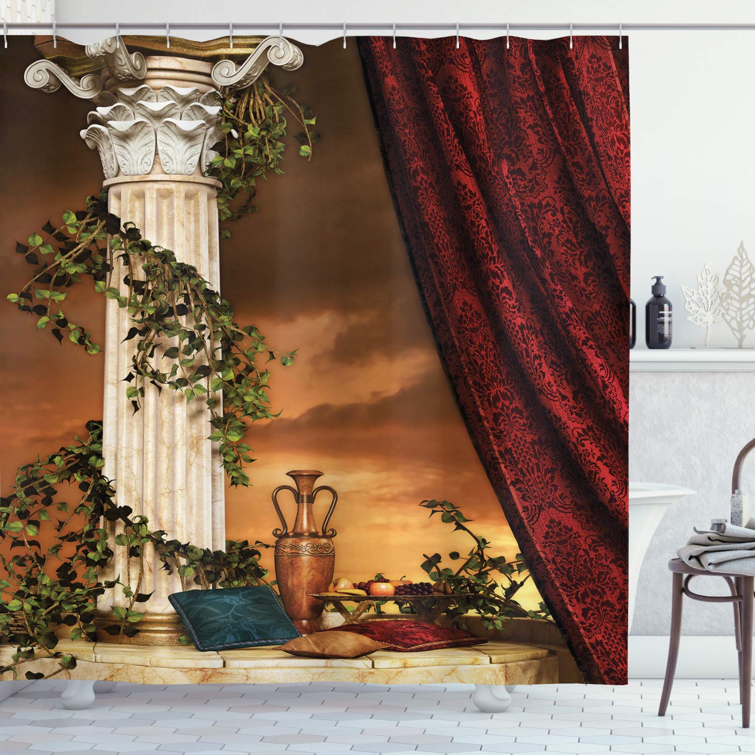 ABAKUHAUS Gothic Shower Curtain, Greek Style Scene Climber Pillow Fruits Vine and Red Curtain Sunset, Cloth Fabric Bathroom Decor Set with Hooks, 94 Inches, Multicolor