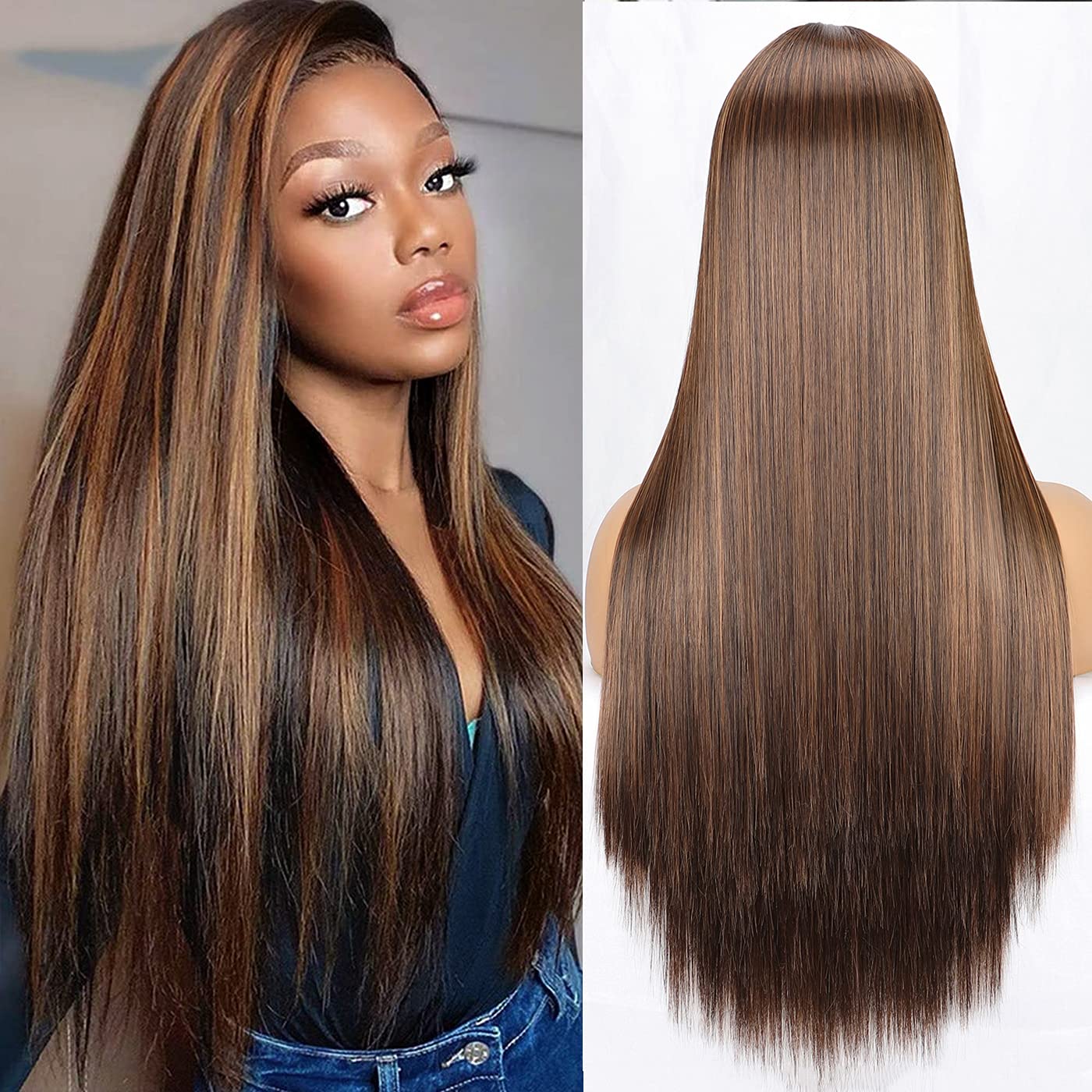 PORSMEER Black mixed Brown Highlights Long Wigs for Women Gils Natural Silky Straight Synthetic Hair Wig Heat Resistant Fibers Copper Red Wig for Cosplay or Daily Wear