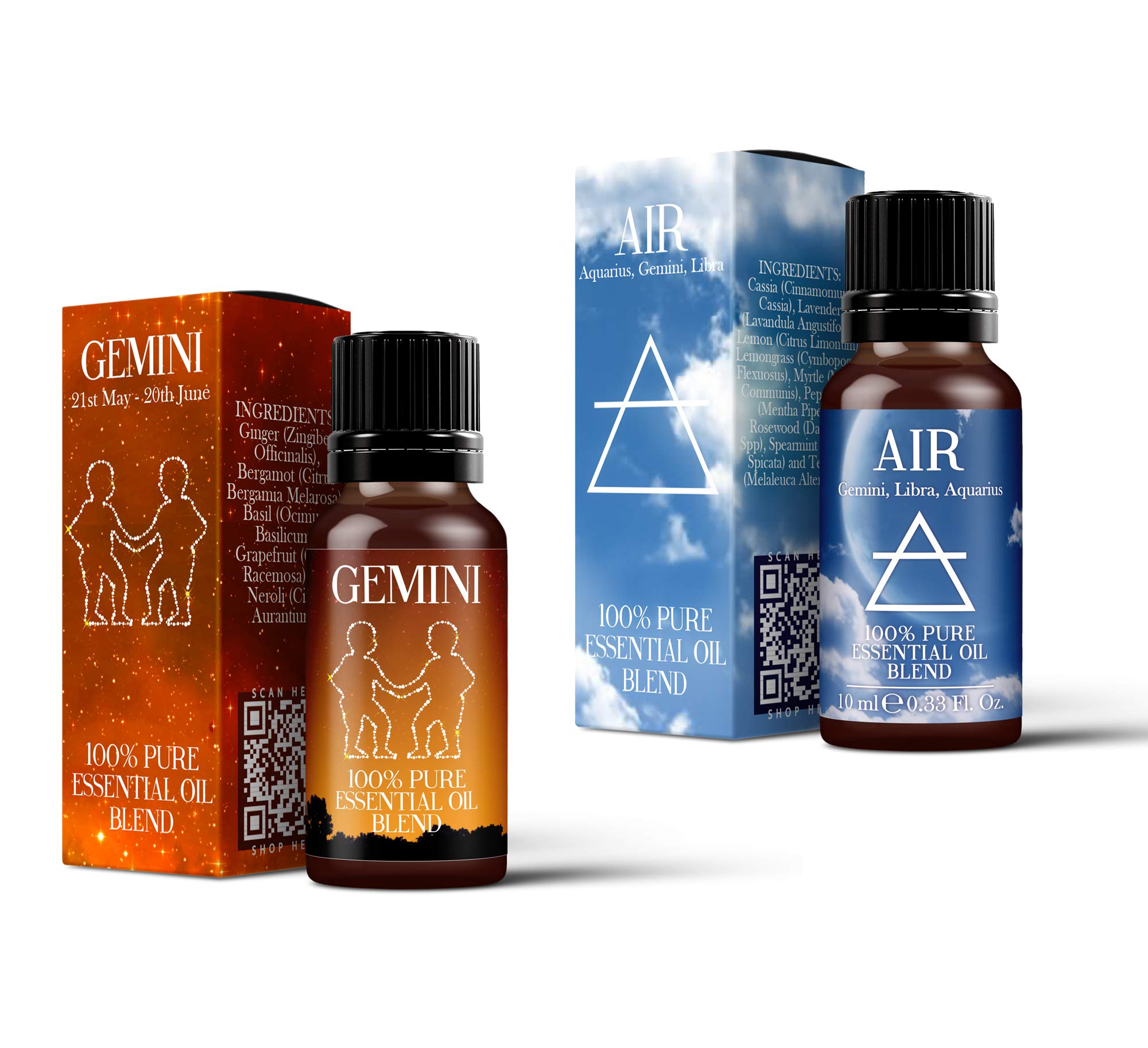 Mystix London | Air Element & Gemini Zodiac Sign - Astrology Essential Oil Blend Twin Pack (2x10ml) - for Diffusers, Aromatherapy & Massage Blends | Perfect as a Gift | Vegan, GMO Free