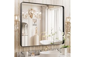 WEER 36X30 Inch Black Metal Framed Bathroom Mirror, Matte Black Bathroom Vanity Mirror, Rectangular Black Wall Mirror for Bathroom, Tempered Glass, Rounded Corner, Hangs Horizontal or Vertical