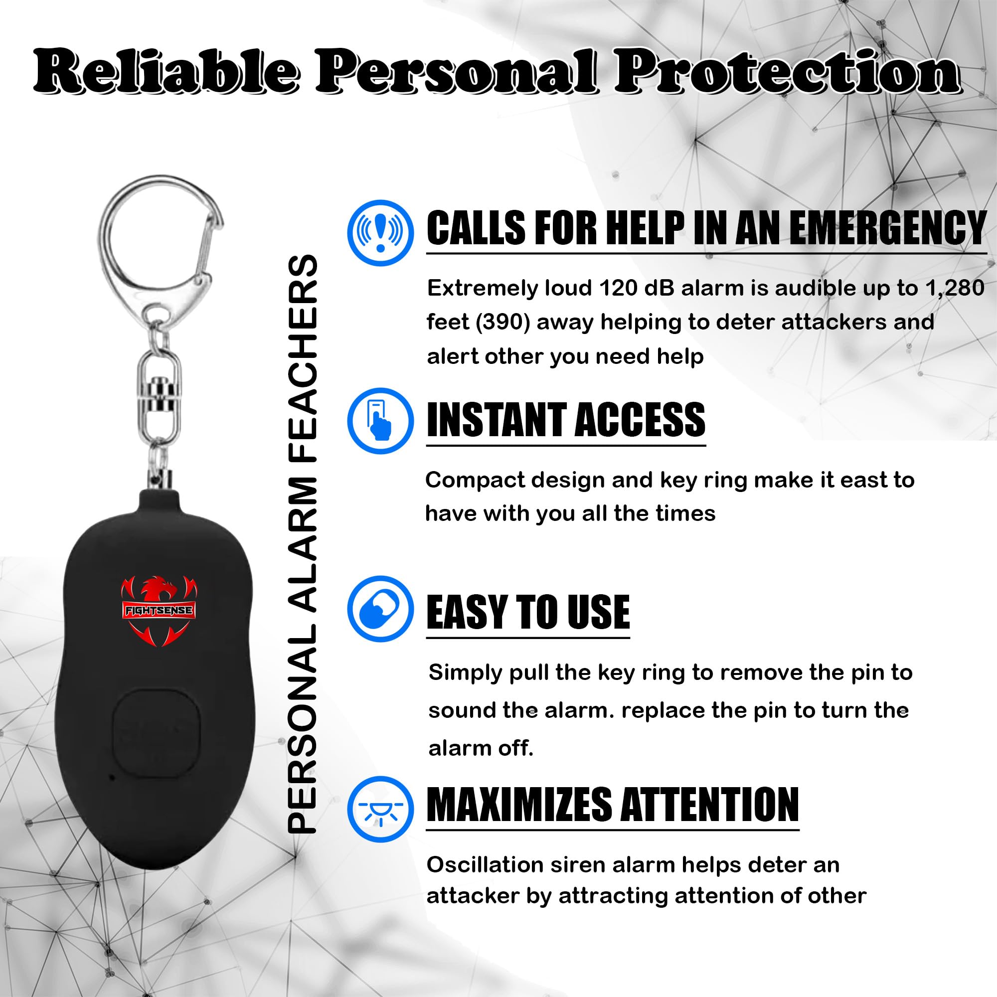 Fightsense Personal Alarm Keychain with Snap Hook, 130dB Siren Safety Alarm for Women LED Light (300m Audible) (Black)
