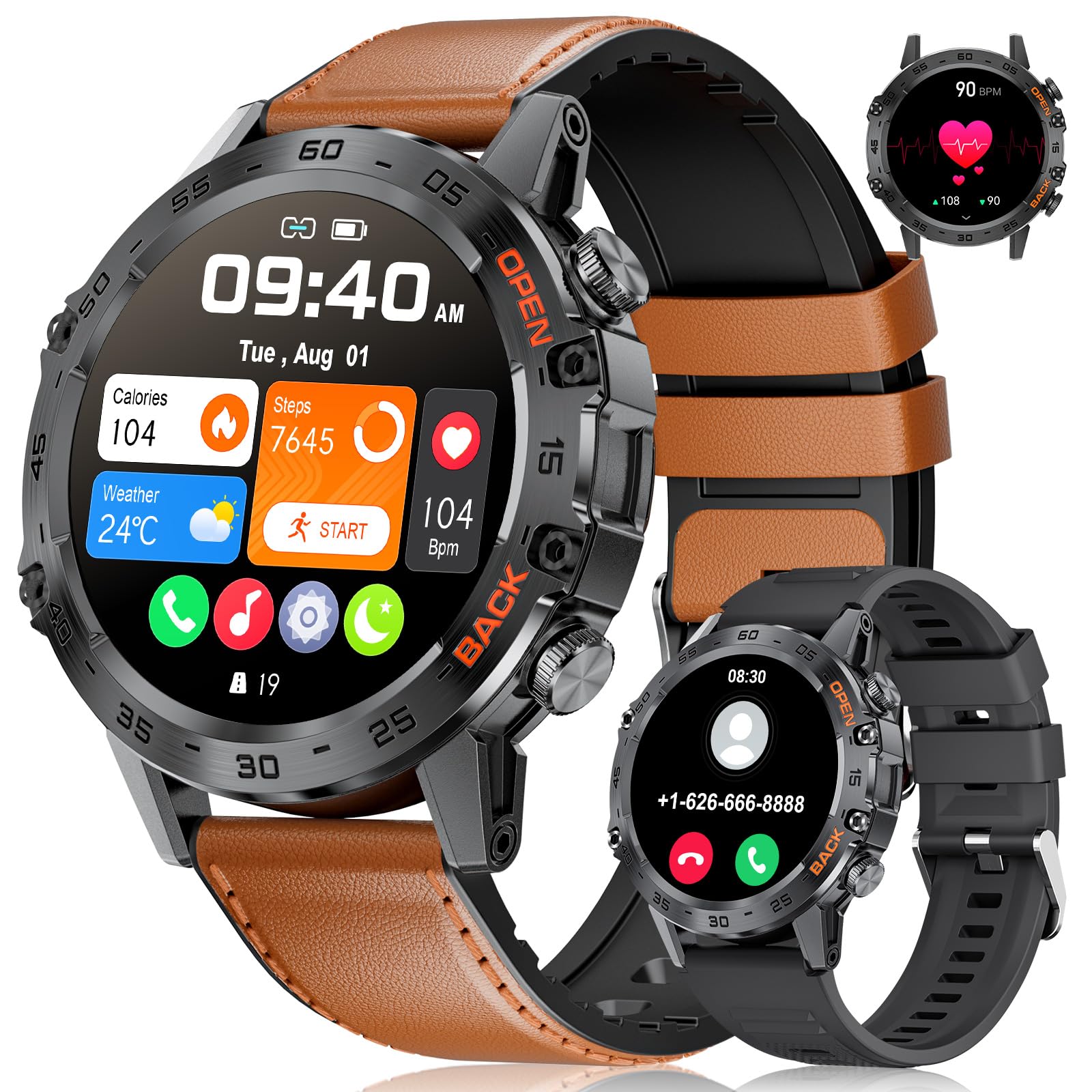 FOXBOX Smart Watch for Men, 1.39" Military Smartwatch with SpO2, Sleep Monitor, 24H Heart Rate, Tactical Fitness Watch, 100+ Sports, IP67 Waterproof, Make/Answer Call, 400 mAh, 300+ Watch Face, Brown