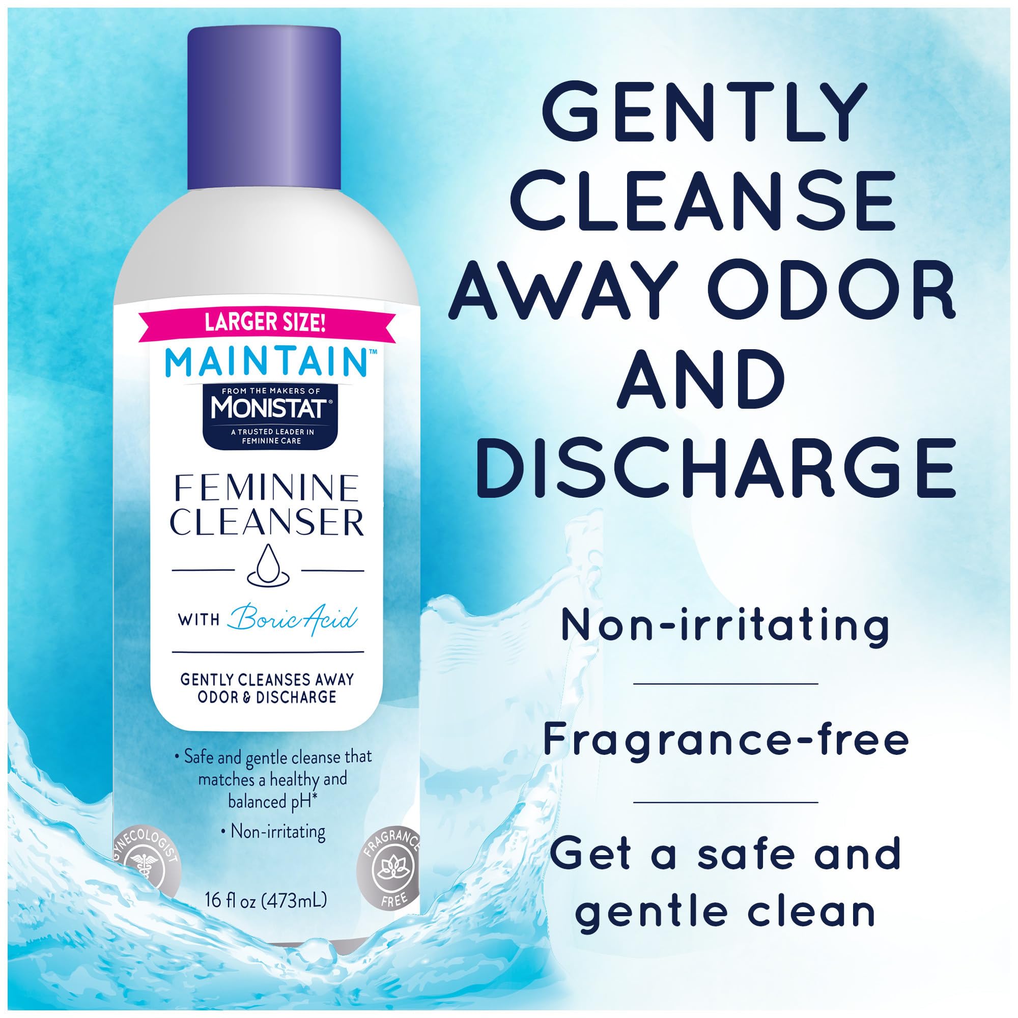 Monistat Boric Acid Feminine Wash, Fragrance-Free Intimate Wash for Women with Gentle pH-Balanced Formula, 16 Fl Oz