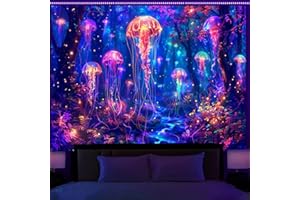 Simpkeely Blacklight Jellyfish Forest Tapestry, UV Reactive Fantasy Vibrant Neon Art Decor, Glow in The Dark Aquatic Life Wal
