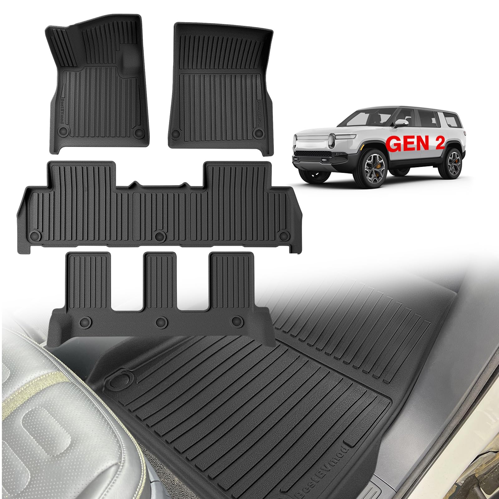 Photo 1 of (PARTIAL SET) (UNTESTED) BestEvMod All Weather Floor Mats Compatible with Rivian Anti-Slip 3D Pattern TPE Heavy Duty Rubber Waterproof Non-Slip Floor Liner 1st & 2nd & 3rd Rows Set Gen 2 Accessories (2025+ R1S)