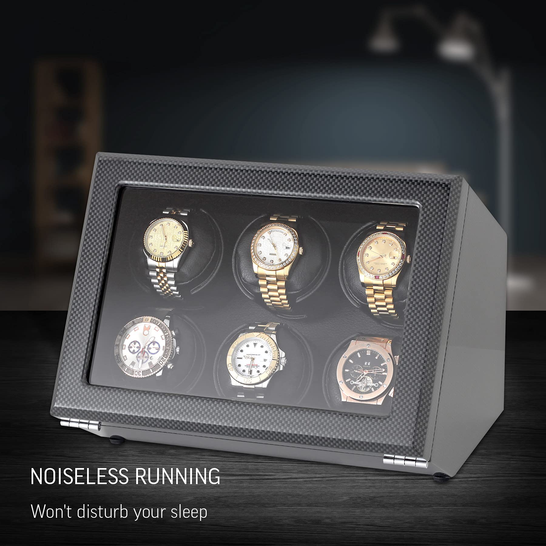 Watch Winder for 6 Automatic Watches with Motor-Stop and Battery Power Option