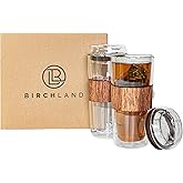 Birchland All Glass Double Wall 14 oz Coffee Cups, Set of 2, Pure Glass Lid, Silicone Grip