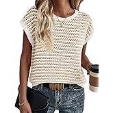 Saodimallsu Womens Short Sleeve Sweater Summer Striped Crochet Tops Casual Cap Sleeve Crewneck Knit Sweater Vest T-Shirts