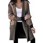Astylish Women Open Front Long Sleeve Cardigan Casual Knit Sweaters Color Block Fall Outfits with Pockets