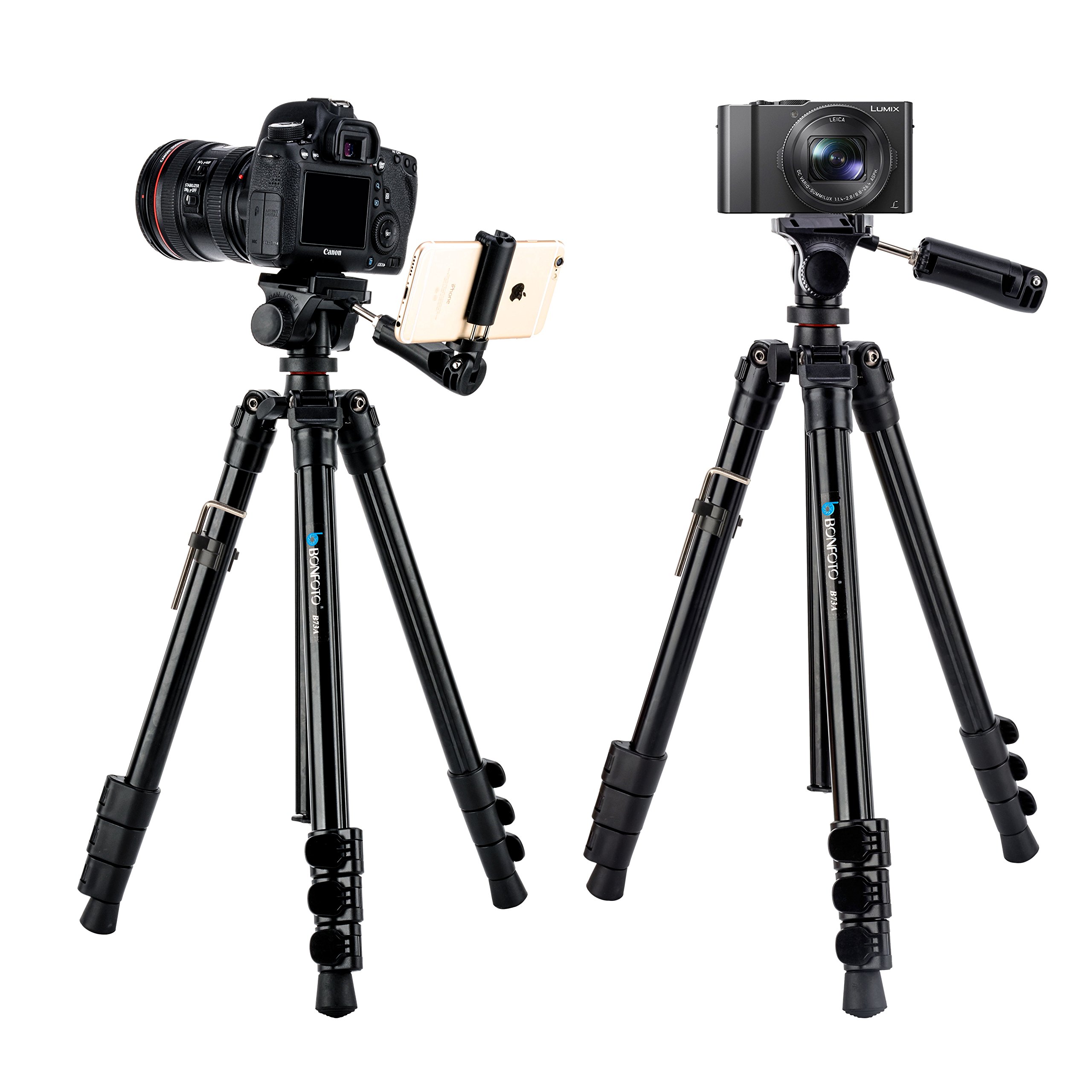 BONFOTO B73A 58” Portable Aluminum Alloy Lightweight Camera Travel Tripod and Monopod with Panorama Pan Head,Quick Release Plate and Carry Bag for Smartphones and Most DSLR Cameras with 1/4\