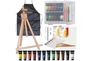 Artbreezing 25pc Tabletop Easel Painting Set,Acrylic Paint,Portable Easel,Brushes,Canvas,Apron, Plastic Carry Case,Art Set for Kids,Adults,Beginners,Artists (SET-25PCS-12 * 22ML)