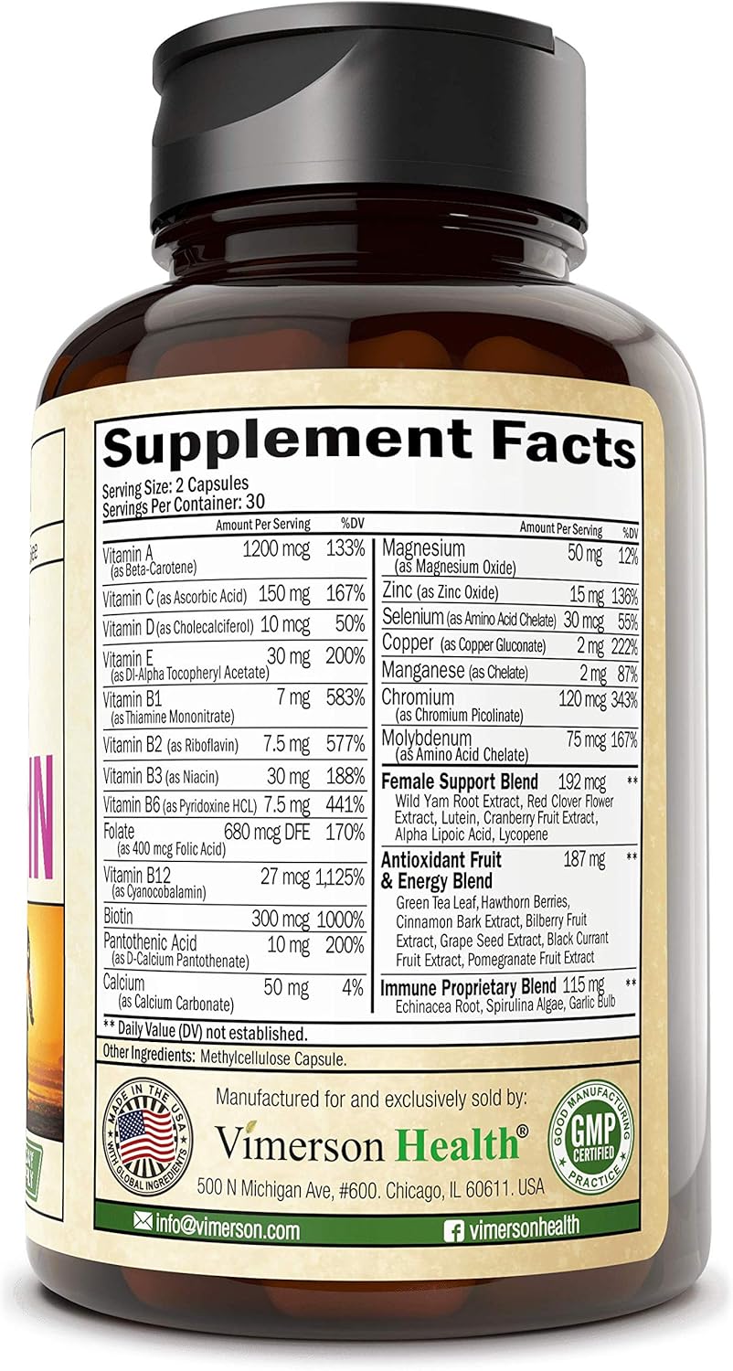 Women's Daily Multivitamin Multimineral Supplement. Vitamins and Minerals. Chromium, Magnesium, Biotin, Zinc, Calcium, Green Tea. Antioxidant Properties for Women. Heart, Breast Health. 60 Capsules: Health & Personal Care