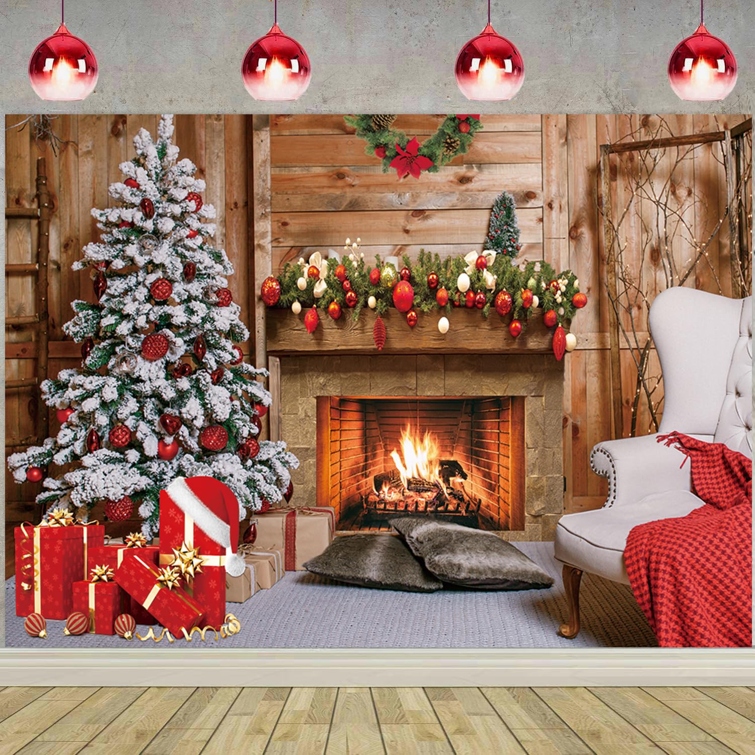 Christmas Fireplace Backdrop 8x6ft Christmas Trees Gifts Background for Photography for Xmas Family Holiday Party Decoration Supplies