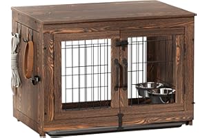 Piskyet Wooden Dog Crate Furniture with 360°Rotatable Removable Dog Bowls, Dog Crate End Table with Tray, Double Doors Dog Kennels for Dogs(M:31.8" L*22.1" W*24.1" H, Rustic Style)