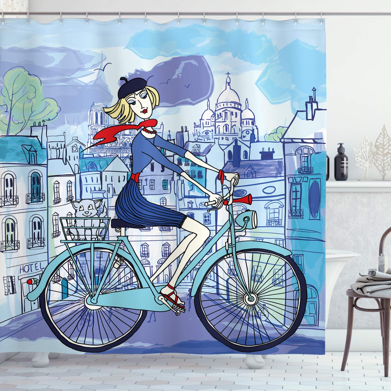 ABAKUHAUS Paris Shower Curtain, Young Woman French Hat and Funny Cat on Bicycle in French Street Watercolor, Cloth Fabric Bathroom Decor Set with Hooks, 94 Inches, Multicolor