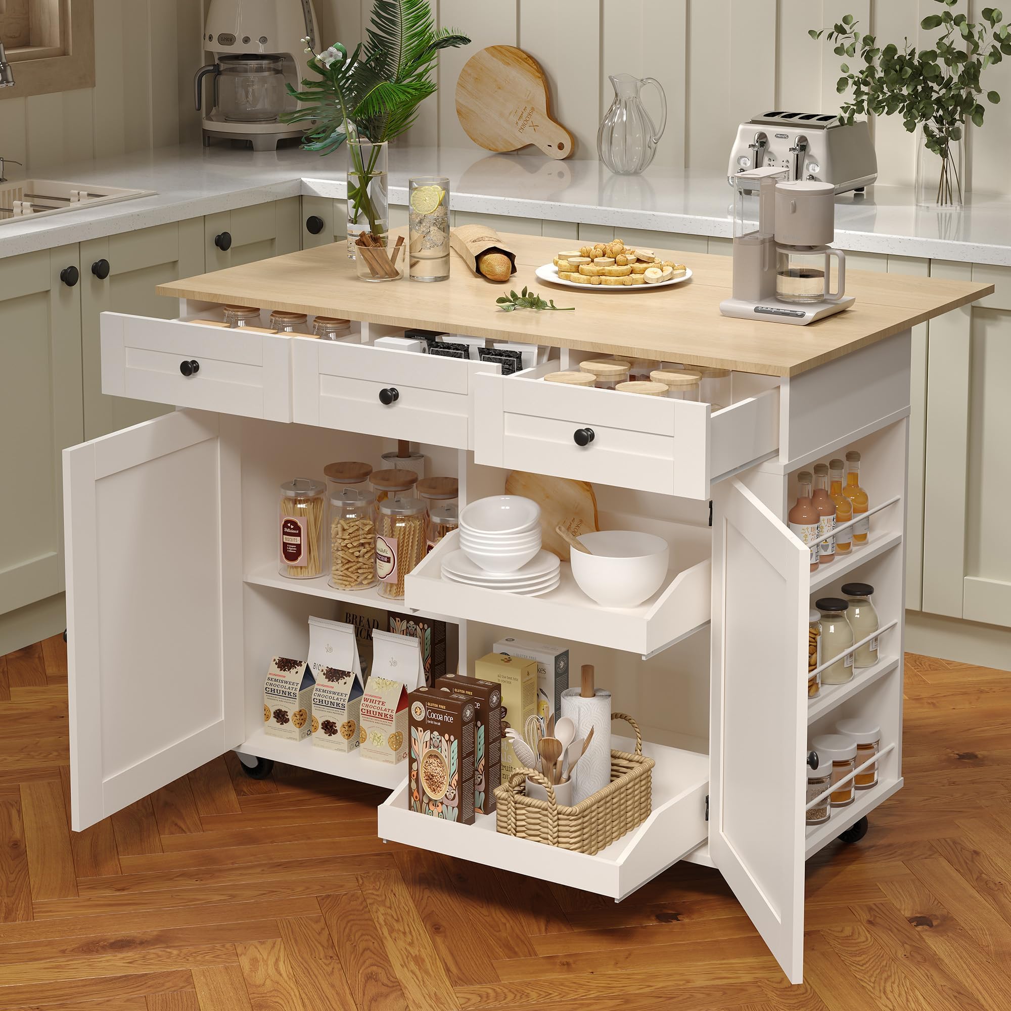 Photo 1 of *** BOX B ONLY ***IDEALHOUSE Rolling Kitchen Island with Drop Leaf Countertop, Charging Station & Ample Storage - 47.2" Mobile Kitchen Cart On Wheels with Pull-Out Shelves, Drawers, Spice Rack & Organizer Divider