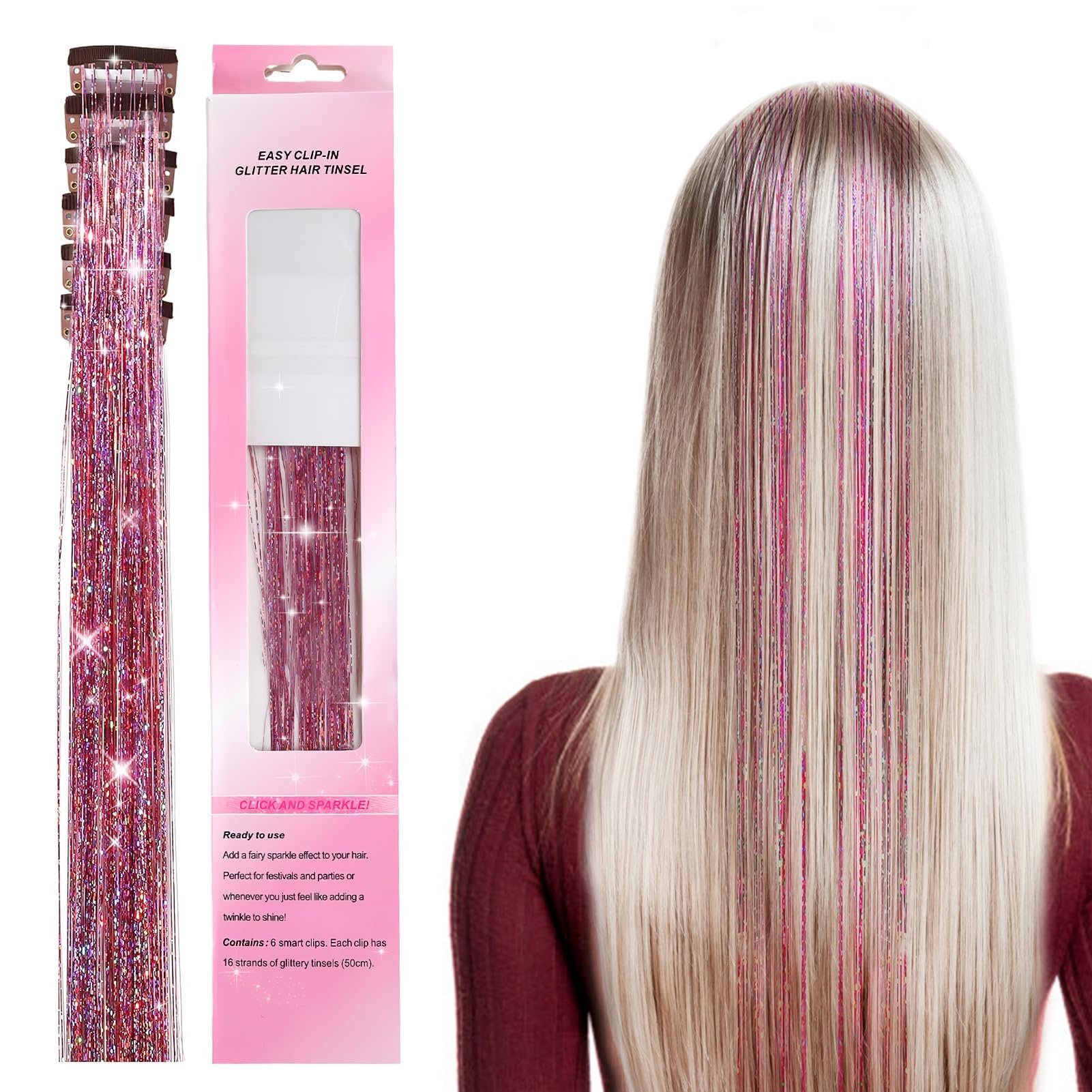 6pcs Pink Hair Tinsel Extension Clips Kit, Clip in Hair Extensions Fairy Tinsel Heat Resistant Glitter Extensions Colorful Synthetic Hairs for Women Girls Dazzle Hair Decoration Cosplay Party — image 1