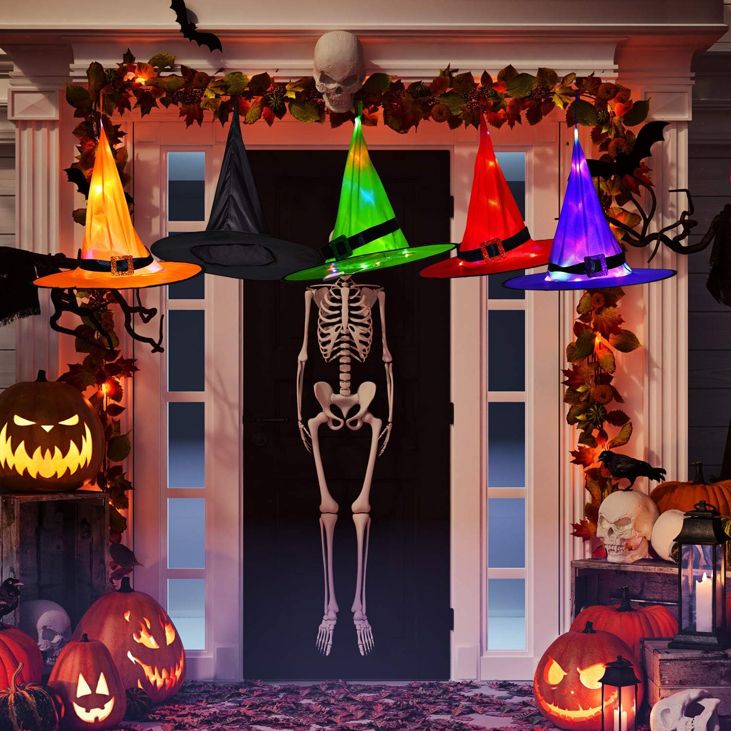 12 Pieces Halloween LED Lighted Witch Hats Hanging Decoration Hat Set, Glowing Witch Hats Halloween Party Lighting Hats Button Battery Powered for Tree Yard Garden: Home Improvement