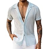 URRU Mens Floral Lace Shirt Short Sleeve Hollow Out Sheer See Through Casual Button Down Shirts