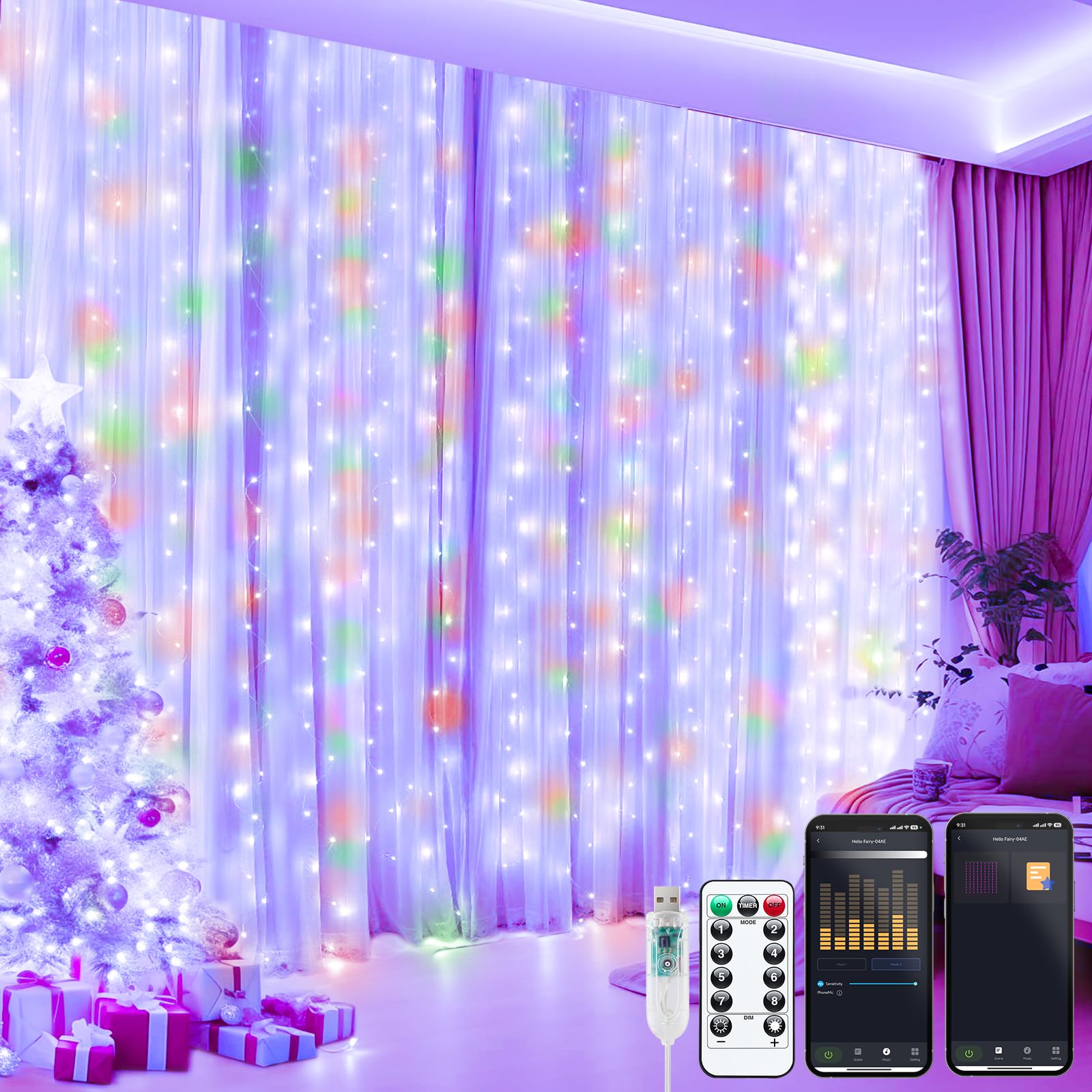 Photo 1 of Brightown Smart Curtain String Lights - 9.8ft 300 LED Fairy Lights with APP Remote, 8 Modes, USB Powered Waterproof Christmas Hanging Lights for Bedroom Wedding Party, Multicolor